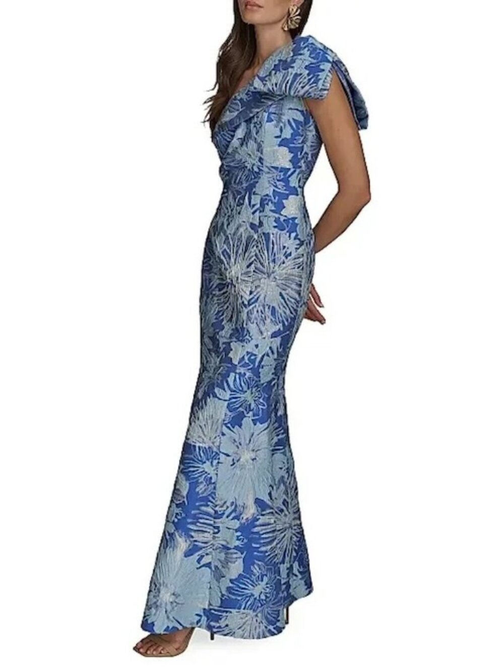 Donna Karan Dazzling Blue Multi Floral Brocade One-Shoulder Gown - Picture 2 of 3